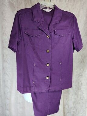 TanJay 2 Pcs Purple Short-Sleeve Button Front Shirt & Capris Pants